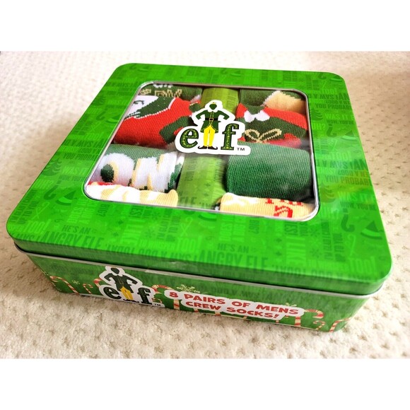 NIB Buddy the ELF Mens 8 PAIRS Christmas Crew Socks in Gift Box Tin Bioworld - Picture 1 of 3